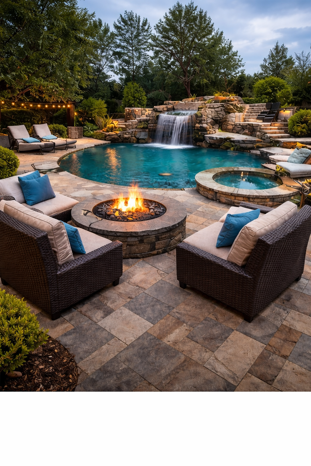Cascade Luxe Poolscape
Blissstone Outdoor™ Resort-Style Fire Pit Conversation Set with Waterfall Poolside Design
Or Blissstone Luxe Outdoor™ 5-Piece Deep Seating Fire Pit Set with Spa-Inspired Layout